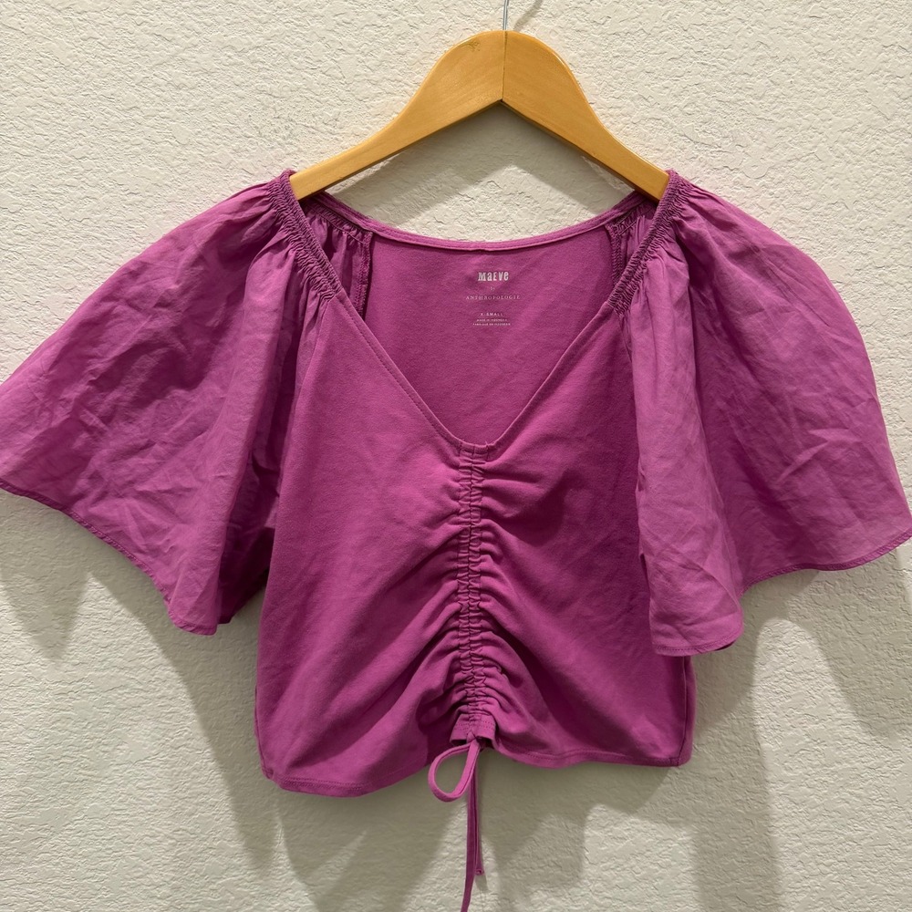 Maeve Anthropologie Magenta Ruched Flutter Sleeve V-Neck Crop Top‎ Purple XS